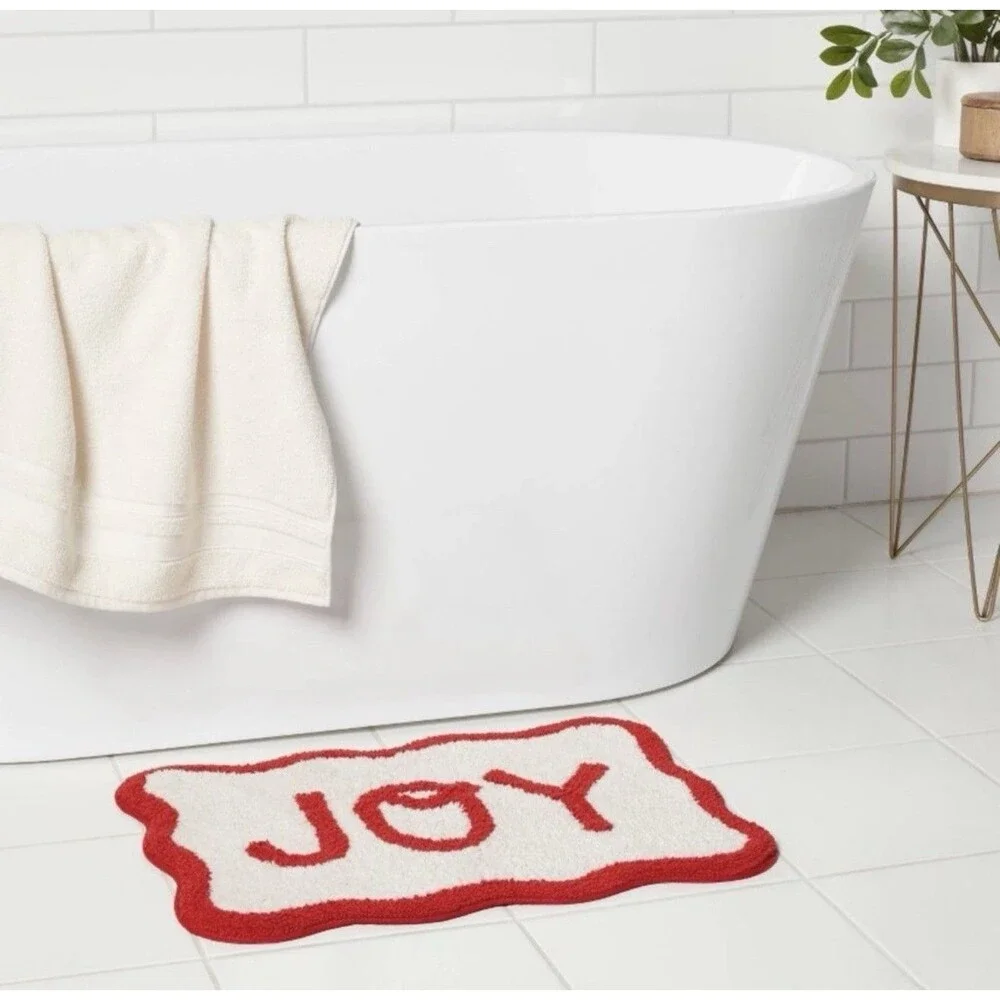 Wondershop Christmas 'Joy' Bath Rug 17x24 Cream Red Scalloped Border NEW